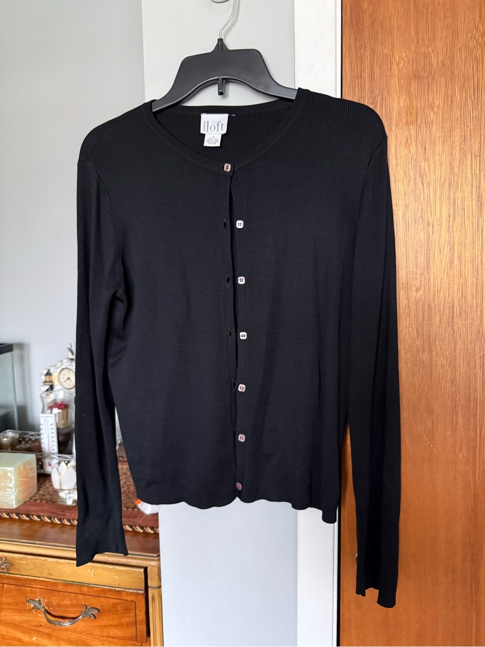 LOFT Black Ribbed Button-Front Cardigan